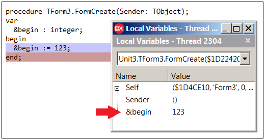 escape_reserved_word_delphi_debugger